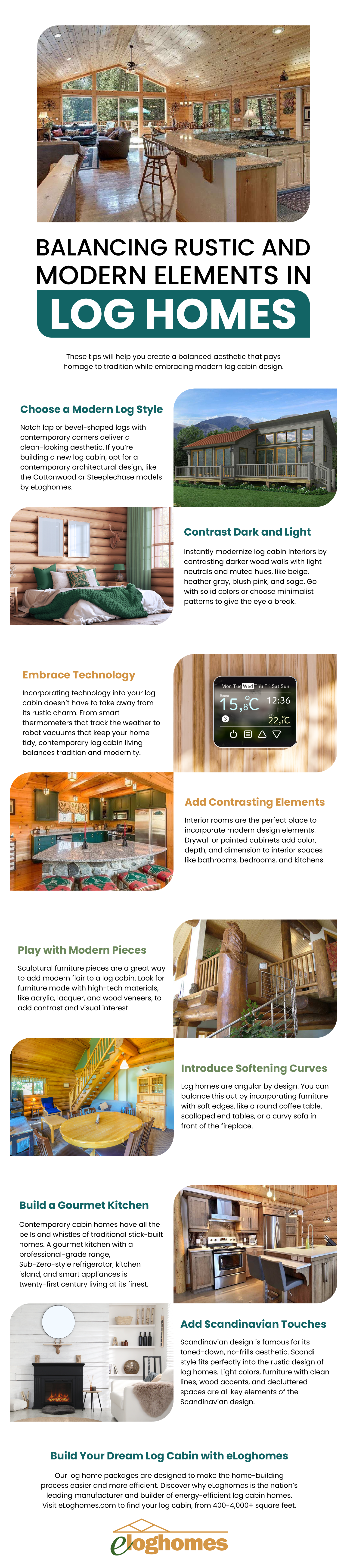 Balancing Rustic and Modern Elements in Log Homes Infographic