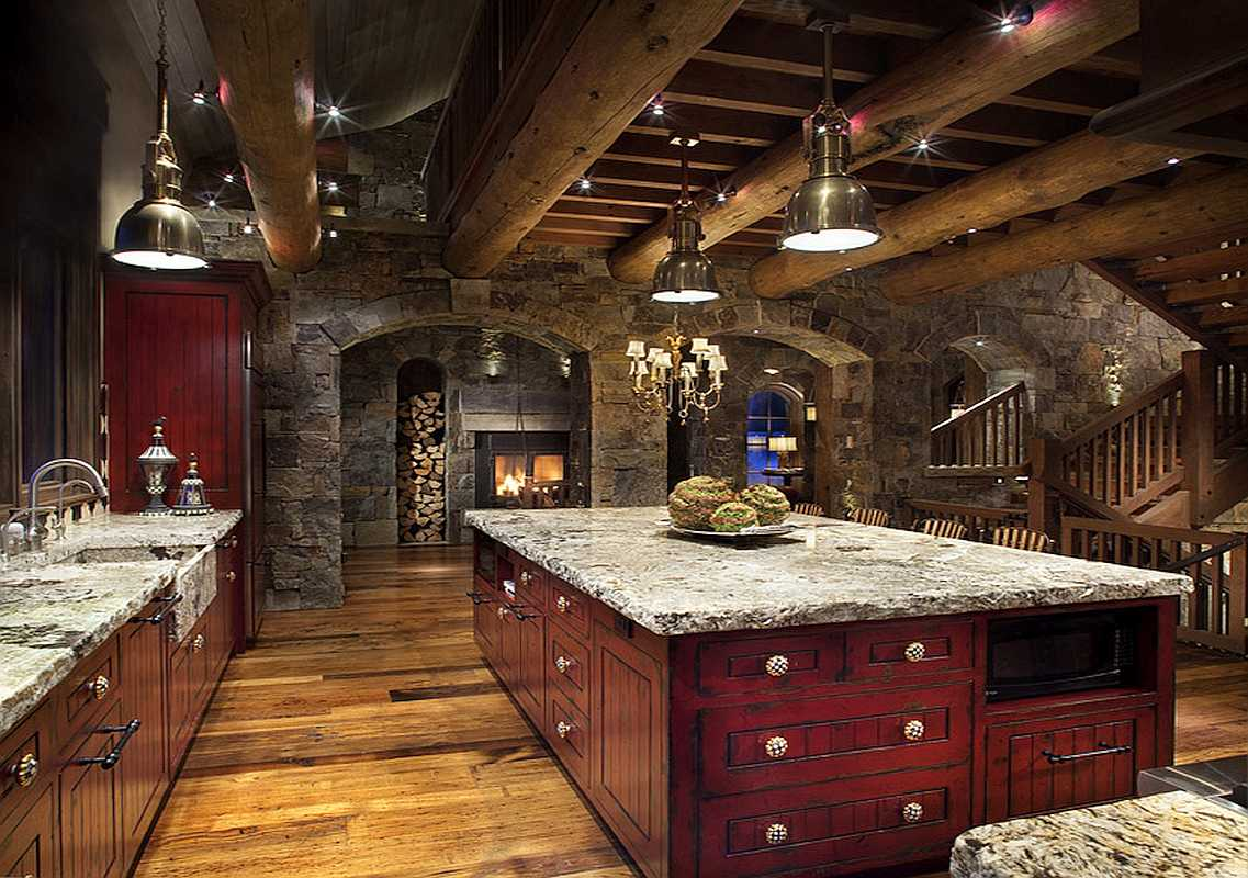 Modern kitchen in a log cabin home