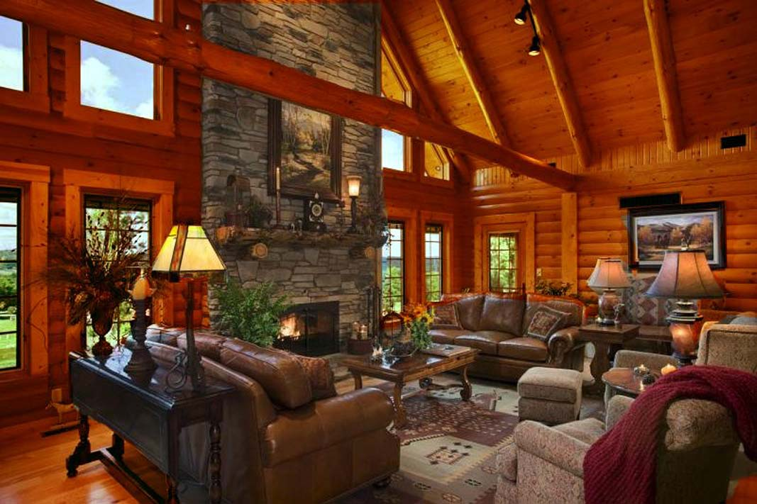 Log cabin great room with accent lighting