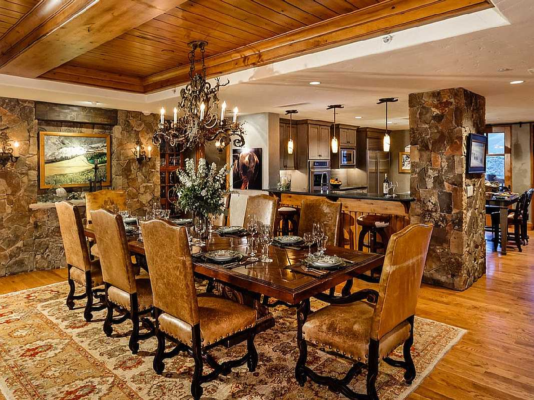 Rustic log home interior dining room