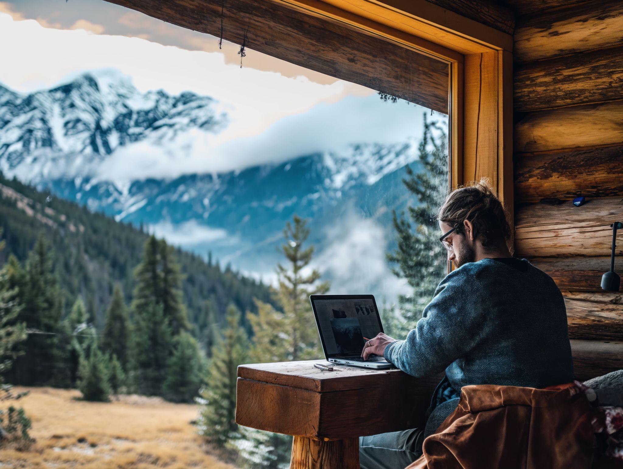 Man working remotely with laptop overlooking a scenic mountain view