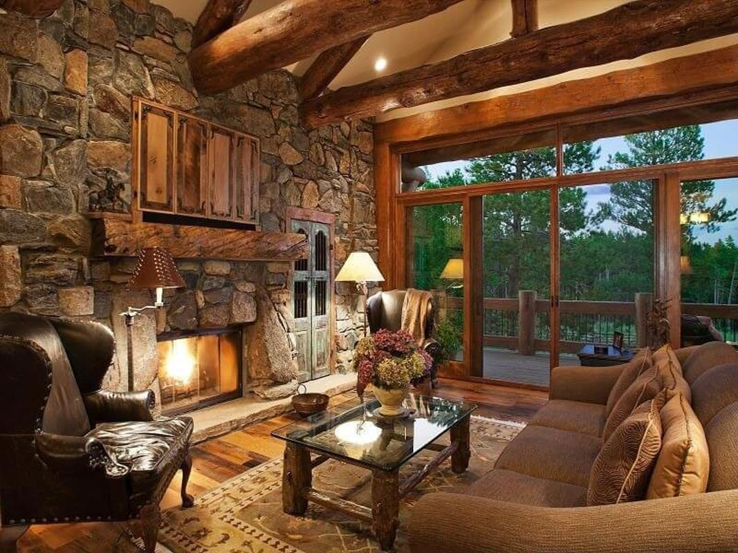 Stonework on log cabin wall